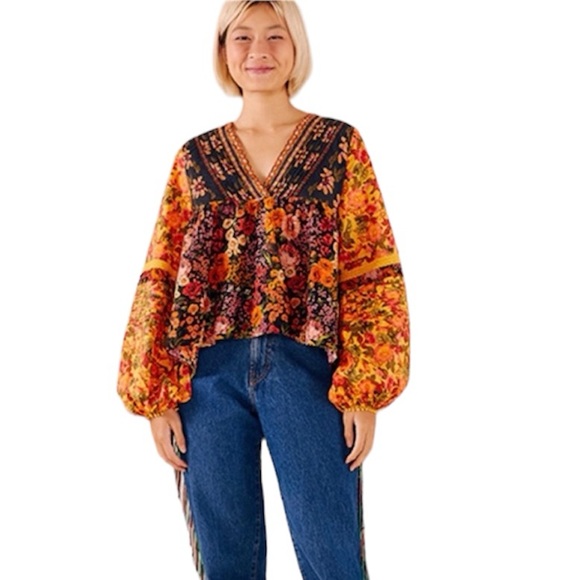 FARM Rio Tops - FARM Rio | Flower Gardens Puff Sleeve Peasant Boho Top Size Small